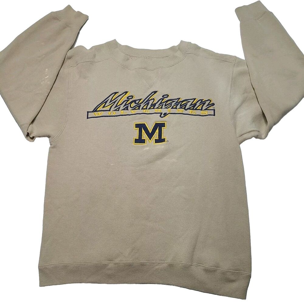 Vintage Michigan Wolverines Sweatshirt Medium Distressed Beige Embroidered